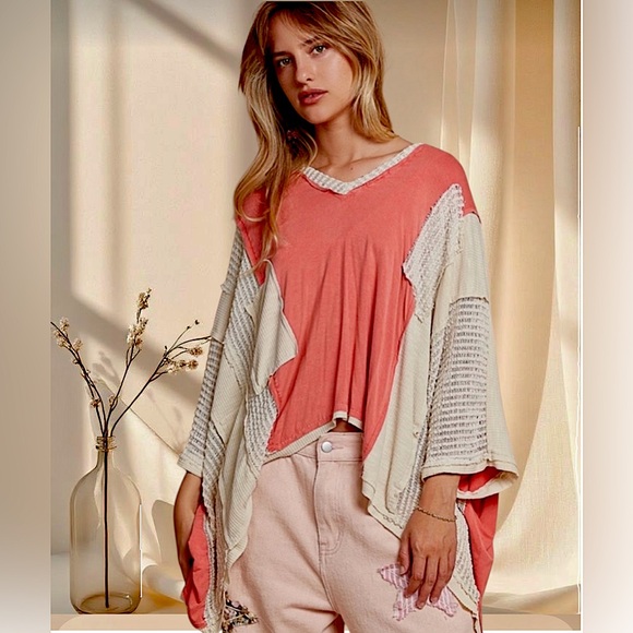 POL Peach Cream Oversized Boho Top Net Sleeve Color block Blouse - Picture 2 of 6